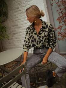 Women's Elegant Slimming Casual Leopard Print Long Sleeve Shirt With Turndown Collar, Versatile For Commuting And Outings, Spring/Summer Vacation - Army Green - View 3