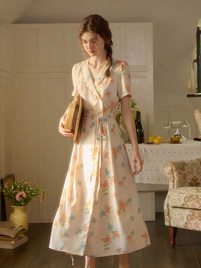 Simple Retro Women's Spring And Summer Holiday Style Full Width Print Straps Yellow Apricot Elegant Retro Temperament Casual Midi Dresses