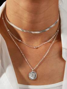 Simple Three-Layer Round Necklace With Multilayered Snake Lotus Pendant Necklace, Multilayered Gold Bead Disc - 銀色 - 查看 4