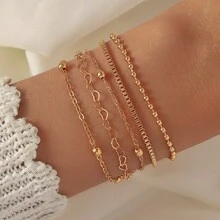 Set Of 5 Pieces Of Love Round Bead Chain Bracelet Set Women's Alloy Round Bead Chain Box Chain - Vàng - Xem 6