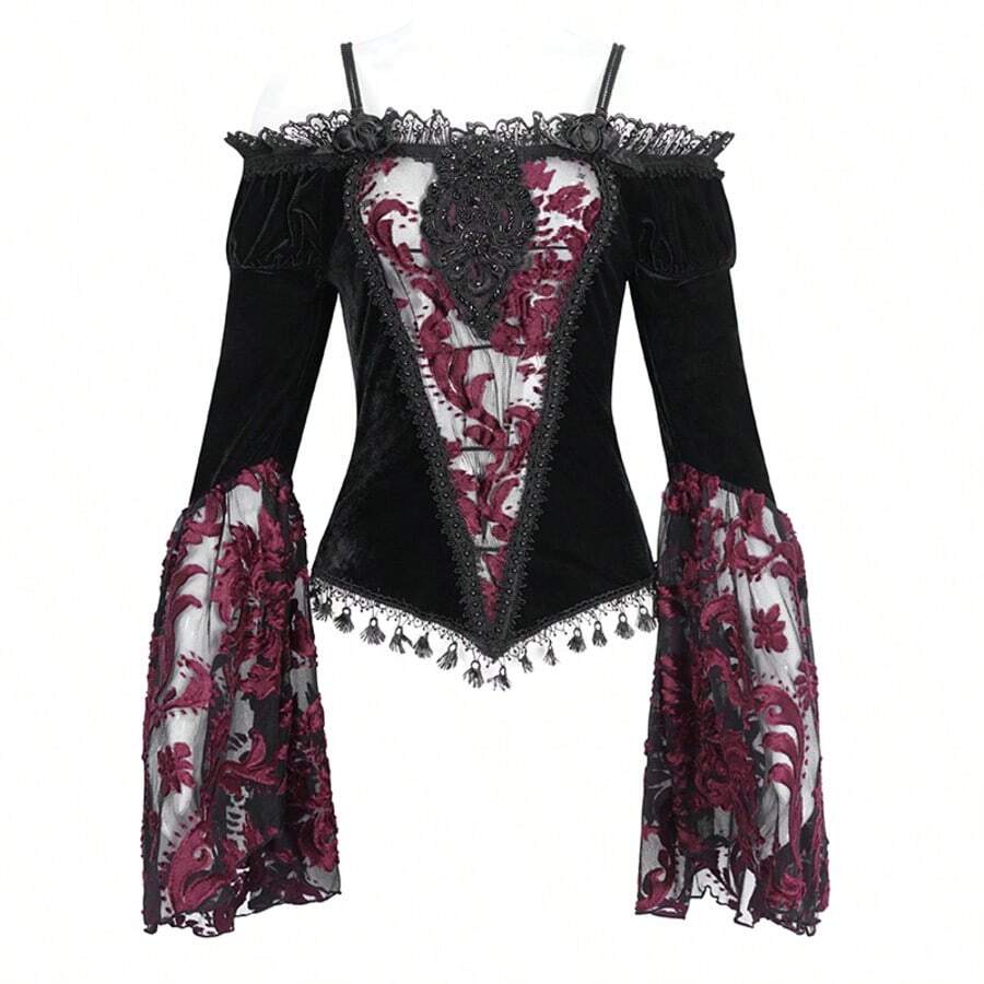EVA LADY 1 pieza Blusa de terciopelo con encaje estilo gótico hombros descubiertos, conjunto formal retro para otoño/invierno - Rojo - View 1