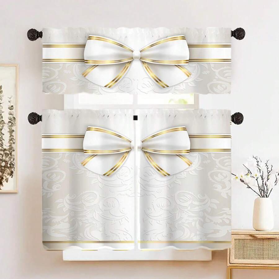 2 Panel 28"X40"/1 Panel 18"X60" [Elegant White Golden Bowknot] Elegant White Golden Bowknot Curtains - Polyester, Rod Pocket Design For Living Room, Bedroom, Kitchen & More - Perfect For Home Decor & Parties - 樣式-1 - 查看 1