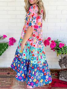1pcs Women's Casual Multicolor Patchwork Floral Print Shirt Dress - Loose Fit A-Line Long Dress With Lapel Collar & Short Bell Sleeves, Button Front, Lightweight Breathable Fabric For Spring Summer Autum, Cute Dresses, Relaxed Fit Clothing, Casual Attire, Fitted Silhouette - Mixed Color - View 3