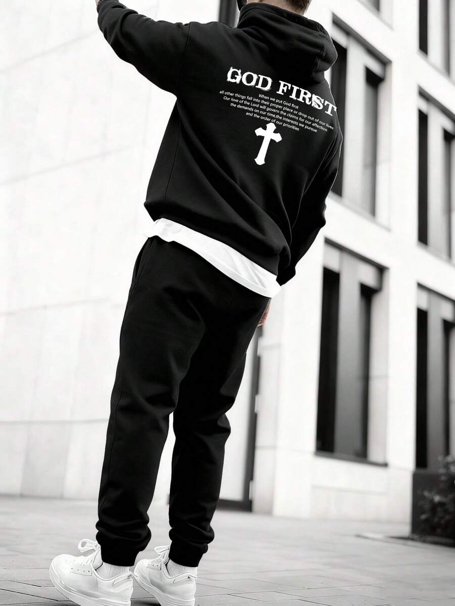 SECRET BASE Men's "GOD FIRST" Religious Graphic Hoodie And Sweatpants Set - Oversized Streetwear Tracksuit - màu đen - Xem 1