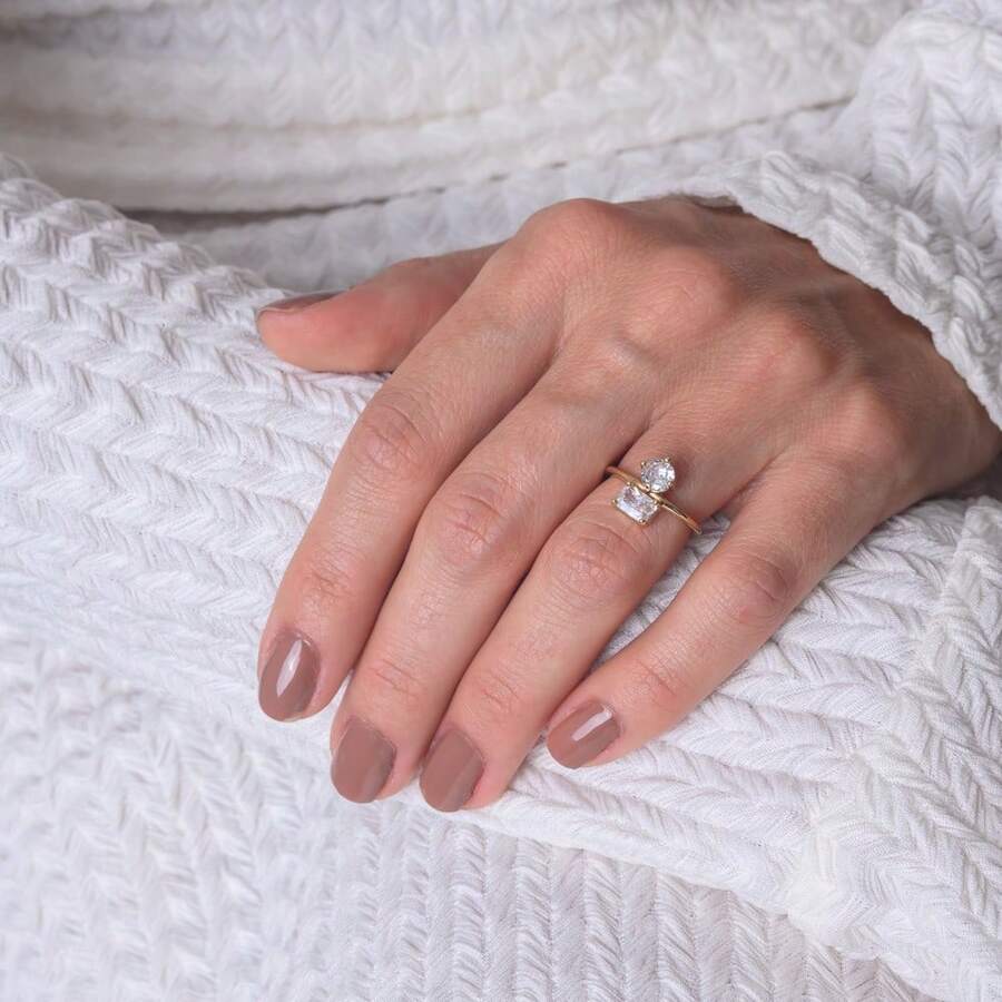 Adjustable Two-Stone Zirconia Ring With 18k Gold Plating - Gold - View 1