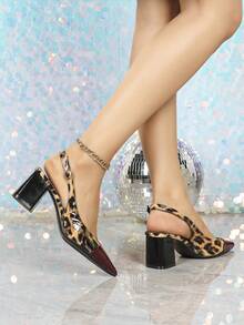 Women's Sexy Leopard Print Patchwork High Heel Pumps, Pointed Toe Slip-On Party Wedding Dress Shoes, 7cm Chunky Heel Backless Sandals - Burgundy - View 5