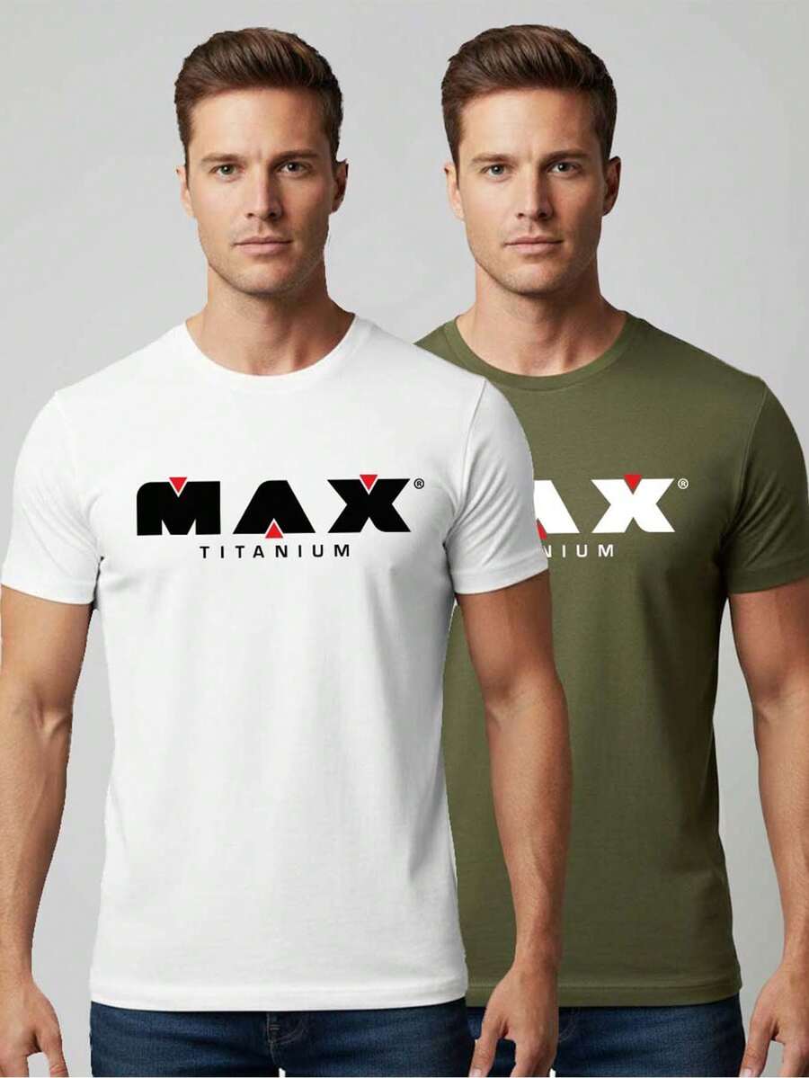 Kit Of 2 Men's T-Shirts 100% Cotton Tshirt Max T Clothing Summer Fashion Basic Everyday Wear - 綠色 - 查看 1