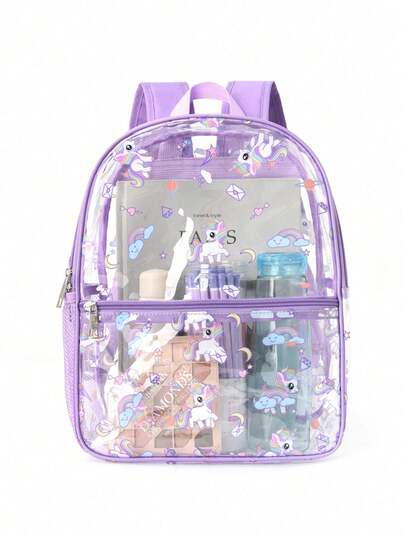 1pc Cute Cartoon Print PVC Waterproof Backpack, Suitable For Travel And School, Adorable Bookbag With Side Mesh Pockets, Daily Commute, Holiday Gift