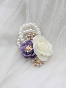 1pc Violet Elastic Pearl Chain Wrist Flower, Bridesmaid, Sister Team, Bridal Accessory, Photography Prop, Party Wrist Flower - Violet Purple - View 10