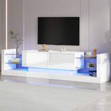 High-Gloss TV Cabinet With LED Lighting, 181 Cm – For TVs Up To 80 Inches, Glass Front, Two Fold-Down Drawers - White - View 2