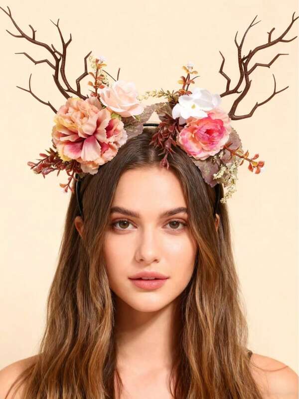 1pc Cute Deer Antler Headband, Floral Branch Wreath Hair Accessory, Photography Prop For Women