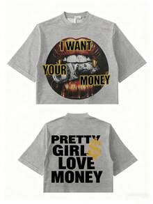 Fly "I Want Your Money" Hip-Hop Flow T-Shirt% Pure Cotton Double-Sided Printed T-Shirt, Suitable For Men And Women, The Best Gift For Summer Casual Short Sleeved T-Shirt-Premium Cotton Graphic Printed Round Neck T-Shirts-Unisex Loose - Fit Comfortable Vintage Street - Style Cotton T - Shirt Top - 灰色 - 查看 1