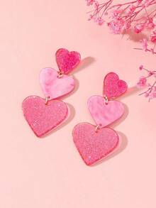 Valentine's Day 1pair Women's Valentine's Day Dreamy Glitter Pink Acrylic Earrings With Three Layer Heart Design, Romantic And Cute Valentines,Mom,Mother,Mother's Day,Gift - 彩色 - 查看 2