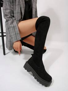 女士新款秋冬过膝长靴，方头厚底增高绒面革长靴，休闲百搭弹力靴，性感女靴 - 黑色 - 查看 5
