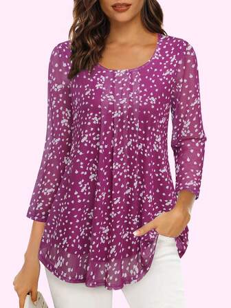 CheersLife เสื้อจูนิก แขน 3/4 ลายดอกไม้ สองชั้น เสื้อเบลาส์ ทรงหลวม จับจีบ เสื้อเชิ้ตตาข่าย สำหรับผู้หญิง