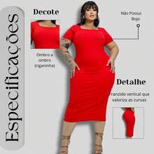 Vestido Midi Plus Size Acinturado Modelador Manga Curta - Vermelho - Visão 6