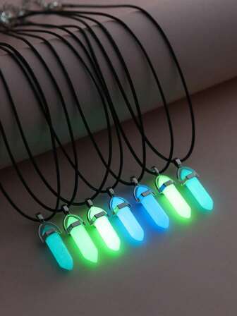 7件套多色六角圆柱夜光吊坠项链，男女日常佩戴皆宜，发光吊坠项链