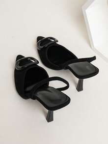 女士极简尖头金属扣装饰细高跟凉鞋，时尚性感露趾派对高跟鞋，适合夏季户外活动、派对、婚礼、情人节等场合。 - 黑色 - 查看 5