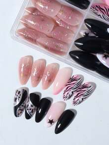 96 piezas/Caja (4 diseños mixtos) Uñas postizas de almendra, puntas francesas con brillo de estrellas, uñas acrílicas cortas de cobertura completa, incluye 1 pieza de pegamento de gelatina y 1 pieza de lima de uñas, adecuado para uso diario y de fiesta de mujeres y niñas