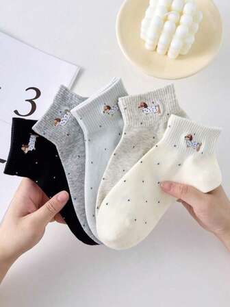 5 pares de calcetines cortos de tobillo para mujer con estampado de lunares y perros salchicha, adecuados para todas las estaciones, enviados al azar