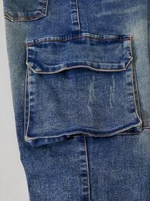 Blugi skinny albaștri elastici, spălați, cu design vintage, cu buzunare casual multifuncționale, pentru băieți - Albastru - Vizualizare 6