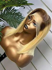 蜜金色渐变直发波波头假发，真人发丝，13x4蕾丝前额，预先拔毛，150%密度，女士自然发际线，T1B/27高光蜜金色 - S4/27 - 查看 3