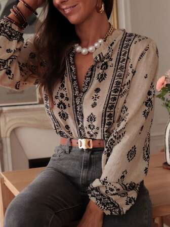 Vintage Positioning Floral Elegant Shirt, Extra Long Puff Sleeve Button Down Casual Shirt