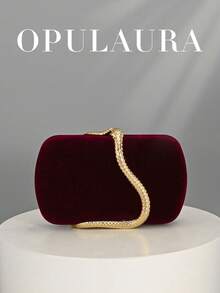 OpulAura Women's Retro Fashion Velvet Clutch Bag, Snake Clasp Design, European & American Style, Snake Skin Minimalist Box Clutch Purse Suitable For Wedding, Gala, Formal Events, Party, Handbag, Shoulder Bag, High-Quality Chain Strap - Burgundy - View 7