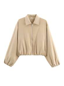 Women's Khaki Zip Pocket Jacket - Casual Loose Lapel Outerwear, Suitable For Spring And Autumn - Khaki - View 2