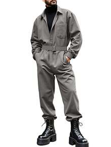 INCERUN Monos largos casuales de una sola pieza con botones, cuello de solapa, manga larga y bolsillos tipo cargo para hombres - Gris - Ver 3