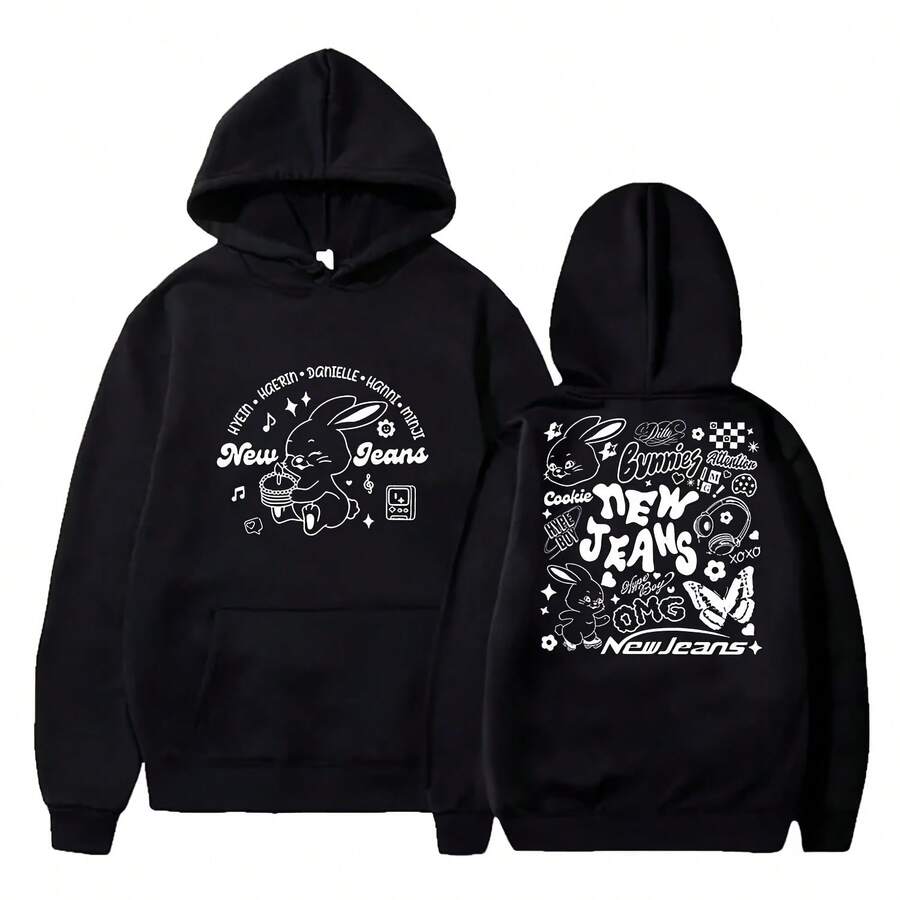 New Jeans NJWMX Hoodies Rabbit Logo Merch Pullovers Women Men Fashion Casual KPOP Sweatshirts - màu đen - Xem 1