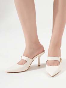 Women's Minimalist Pointed Toe Metal Buckle Decor Stiletto High Heel Sandals, Fashionable Elegant Open Toe Mule Pumps, Suitable For Summer Outdoor Activities, Parties, Weddings, Valentine's Day And Other Occasions, Kitten Heel - Beige - View 5