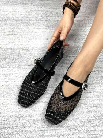 Women's New Flat Shoes, Fashion Square Toe, Metal Buckle, Breathable Mesh Ballerina Flats, Mary Jane Casual Shoes Suitable For Daily Wear, Walking, Work, Vacation, Party, Fashion Show, Can Be Paired With Jeans, Skirts, Dresses