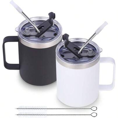 12oz Insulated Leakproof Coffee Mug With Sliding Straw Lid Bulk 2 Pack, Double Wall Vacuum Stainless Steel Travel Tumbler Cup With Handle, Reusable Camping Mugs Keep Cold/HotAssorted, 2 Set