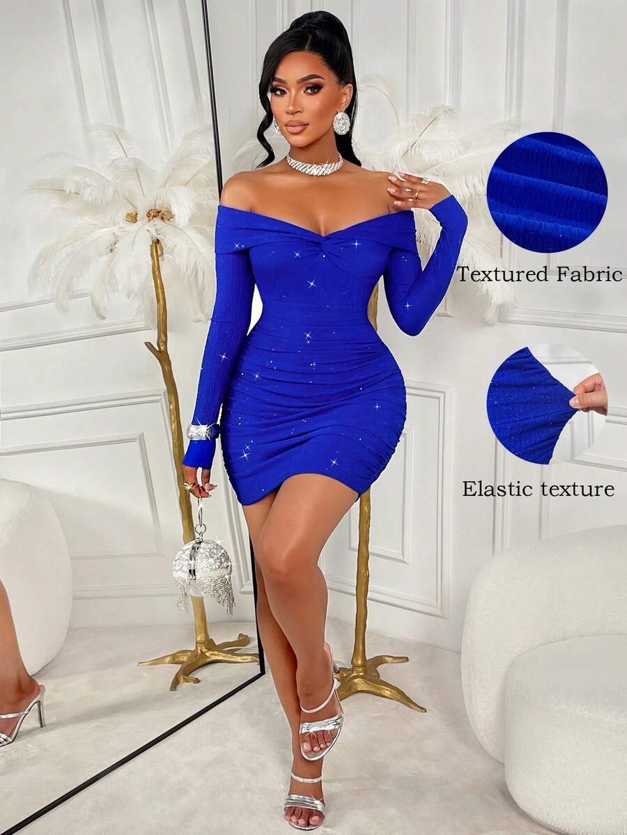 AIJ Elegant Red Knitted Fitted Mini Dress, Ruched Off-Shoulder Long Sleeve Design, Suitable For Sexy Party Look - Royal Blue - View 1