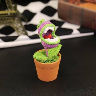 1 pieza Planta carnívora de ganchillo hecha a mano en maceta, decoración floral de tela perenne, planta en maceta de alambre enrollado con suerte para el hogar y el automóvil, decoración tejida de hilo artificial, decoración de planta en maceta falsa