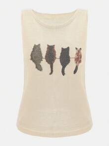 Damen Ärmellose Pullover Weste mit Katzen Muster, Lässiger Rundhals Strick Tank Top, Mode Damen Tägliche Strickwaren - Aprikosenfarben - Übersicht 3