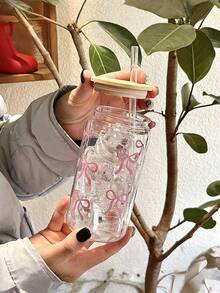 一套粉色蝴蝶结玻璃杯（1=杯子+吸管+杯盖），便携大容量水杯，适合户外旅行，精致可爱，可作奶茶杯、果汁/咖啡杯，是送给家人朋友生日聚会/沙特国庆日/圣诞节/新年/情人节等节日的完美礼物，厨房用品，生日派对礼物 - 彩色 - 查看 3