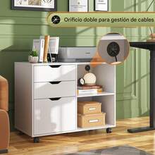 Archivador lateral móvil de 3 cajones, archivador de madera, soporte de impresora con estantes de almacenamiento abiertos para oficina en casa - Blanco - Ver 3