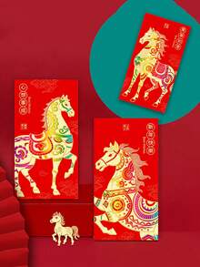6 pièces Enveloppes rouges de l'année du cheval 2026 - Sacs d'argent de nouvel an chinois traditionnel avec des motifs de cheval auspicieux, des symboles de bonne fortune et des bénédictions, nouvel an lunaire, enveloppe d'argent, enveloppes d'argent pour les cadeaux en espèces, enveloppe cadeau d'argent - Multicolore - Voir 6