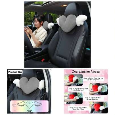 Plush Heart Shaped Pillow With Wings Car Headrest Soft Comfortable Car Pillow Driving Travelling Room Office Car DecorLavender