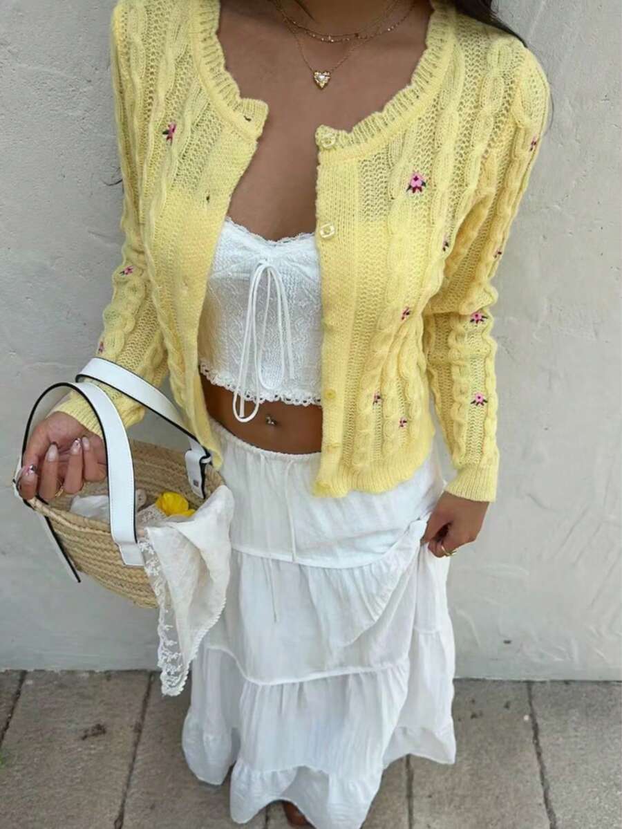 Plus Size Women Casual Floral Embroidered Cardigan, Round Neck Single-Breasted Sweater, Suitable For Spring, Autumn, Vacation , Elegant Wear, Holiday , Casual Top, Floral Top - Yellow - View 1