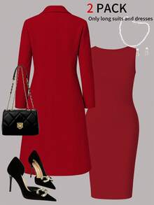 Women's Elegant 2-Piece Set For Autumn/Winter, Solid Color Long Sleeve Cardigan Blazer Jacket + Sleeveless Midi Dress, Versatile - Red 16 - View 4