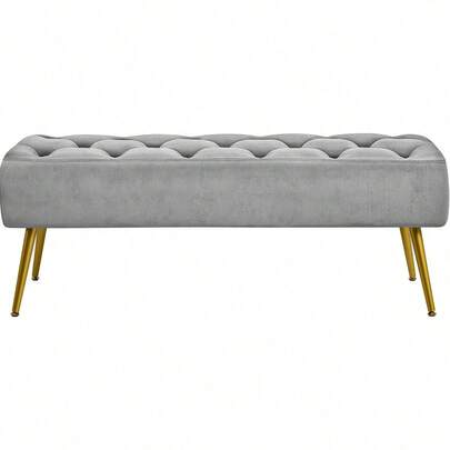 Button-Tufted Dining Bench For Kitchen, Upholstered With Gold Metal Base For Living Room Entryway, Gray