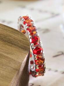 1pc Fully Cubic Zirconia Embellished Ring, Featuring Sparkling 5A CZ Stones On S925 Silver, Fashionable & Elegant, Suitable For Daily Commute, Gatherings, Parties, Banquets, Engagements, Weddings, Mother's Day & Holiday Gifts - Red - View 1