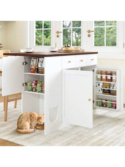 Kitchen Isl Trolley Sideboard Drawers Extendable Worktop, Spice Rack, Pet Feeding Area out Cat Bowl), Wit Walnut, 120*(40+30)*90 Cm