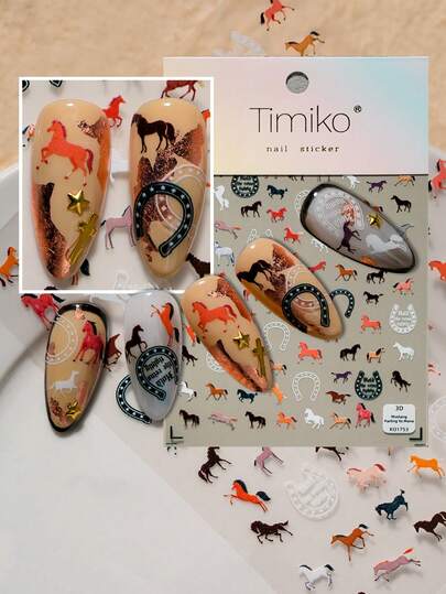 A Vibrant Western Style Nail Sticker With Relief Laser Technology, Retro Equestrian Style, Featuring Elements Such As Horses And Hooves, Suitable For Personal DIY And Nail Salon Use