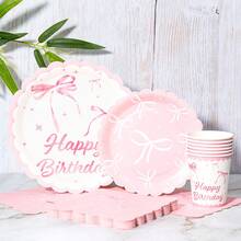 Pink Bow Disposable Plate, Napkin, Cup Set, Plates, Napkins And Cups Party Supplies, Serves 8 Guests, Disposable Paper Plates Party Tableware Suitable For Birthday, Wedding, Theme Party, Family Picnic - Multicolor - View 3
