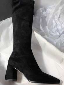 Fall/Winter Square Toe Thick Heel Side Zipper Super High Heel Suede Minimalist Style Knee-High Boots For Women