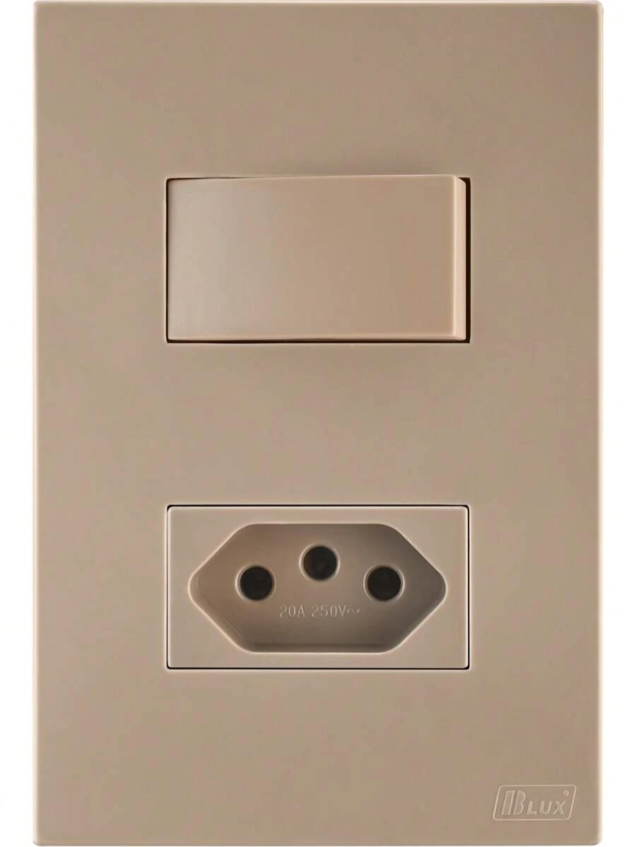 Conjunto Interruptor 1 tecla simples + tomada 20a Recta Marrom Claro Fosco blux tamanho 4x2 para embutir na parede conjunto completo placa modulo suporte - Caramelo - Visão 1